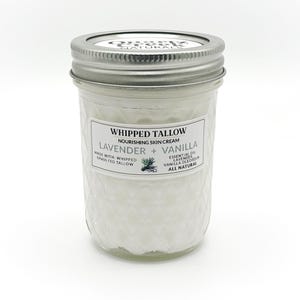 LAVENDER + VANILLA Whipped Tallow Skin Cream Grass-Fed Tallow Face Moisturizer All Natural Non-Toxic Lotion Body Butter 2oz 4oz 8oz 16oz 8 oz mason reusable