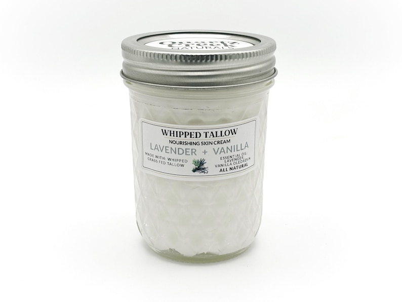 LAVENDER + VANILLA Whipped Tallow Skin Cream Grass-Fed Tallow Face Moisturizer All Natural Non-Toxic Lotion Body Butter 2oz 4oz 8oz 16oz 8 oz mason reusable