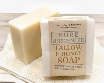 Pure Unscented Beef Tallow Honey Soap, Gentle Body Face Hands Cleanse