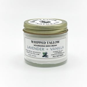LAVENDER + VANILLA Whipped Tallow Skin Cream Grass-Fed Tallow Face Moisturizer All Natural Non-Toxic Lotion Body Butter 2oz 4oz 8oz 16oz 2 oz