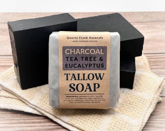 Charcoal Tallow Soap, Tea Tree Eucalyptus Body Bar, Handmade Cleansing Soap