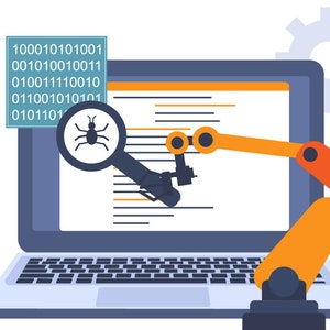 May include: A blue laptop with a magnifying glass showing a bug icon and a robotic arm reaching into the screen. The laptop screen shows code with the text "100010101001 00101010010011 0010011110010 01100111010010 011001010101 01011101".