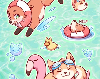 Original Pool Party Shiba Inu & Fox 4.5x7" Kiss Cut Stickers