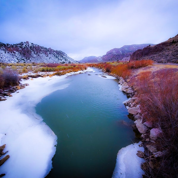 water/landscape photography, frozen, teal/blue/red, nature/mountain photography, outdoor/man cave, winter scene, ice fishing pond