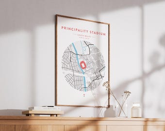Principality Stadium Map Print – Minimalist Rugby Ground Wall Art | A4 or A3 | Black | White