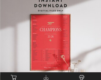 Arsenal 25/26 Premier League Champions Print | Minimalist Football Squad Fixture Art | PDF Download