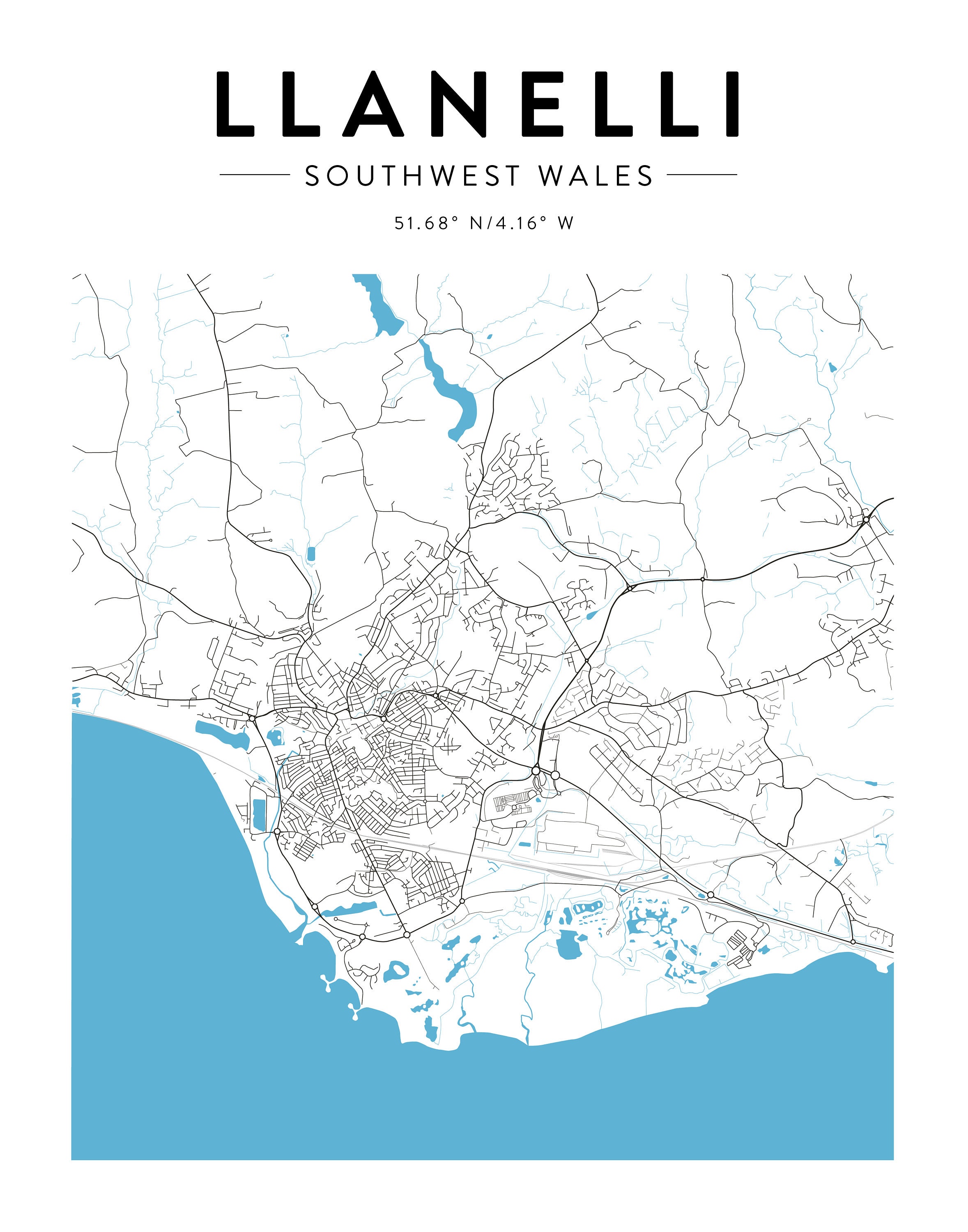 Llanelli Southwest Wales Square Map Print Etsy