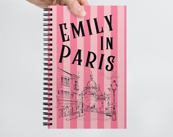 Emily in Paris spiral notebook - Customized journal - French pink stripes and a Paris street scene personalized with a name of your choice