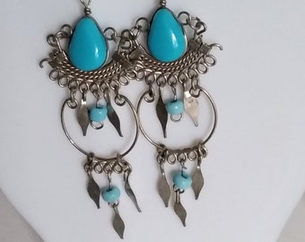 Blue Opaque Glass Earrings with metal hoops and beads (small)