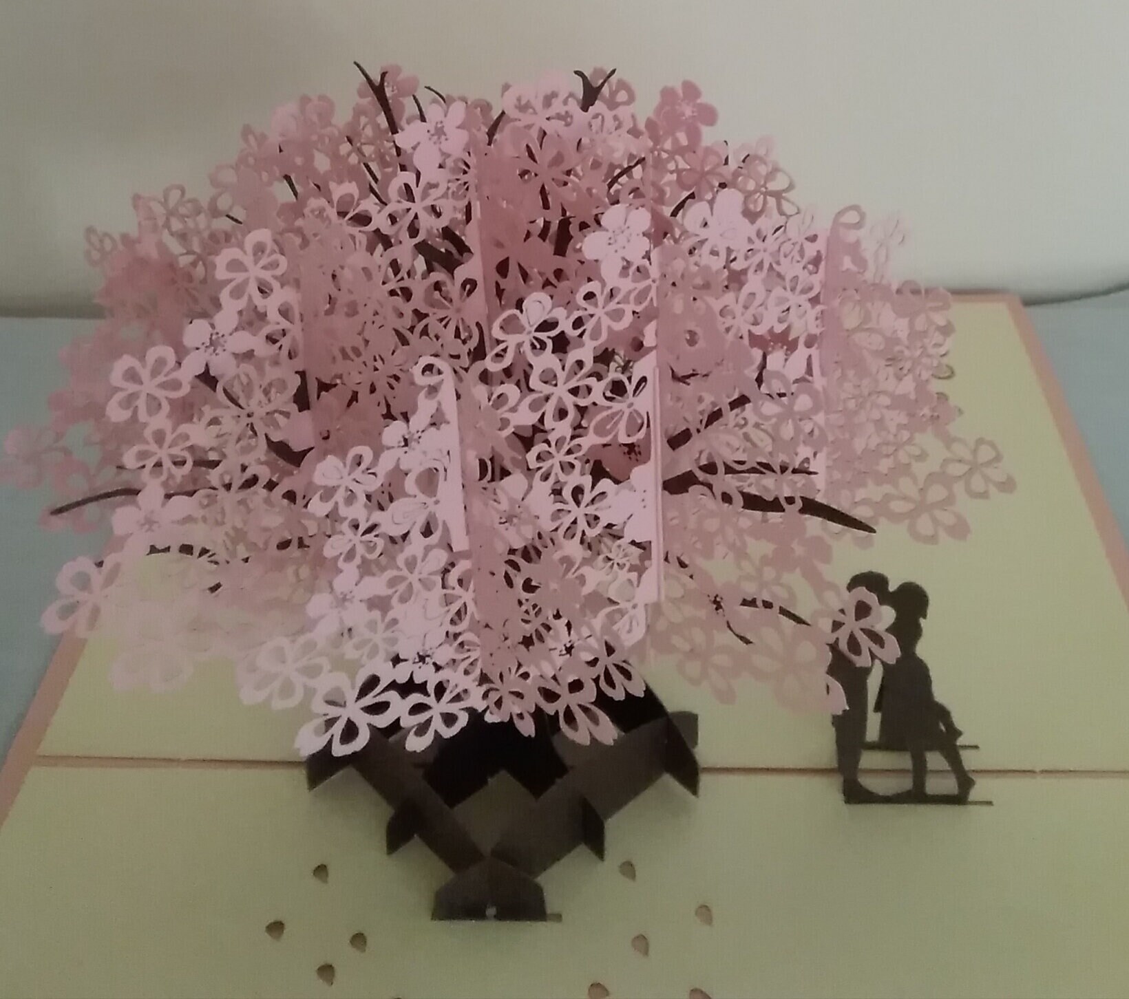 Couple on Bridge under Willowtree with Swan 3D Kirigami Pop-up Greeting Card