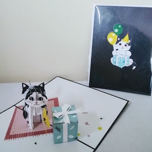 Joyeux anniversaire Chat avec Cadeau 3D Kirigami Pop-up Carte d’anniversaire