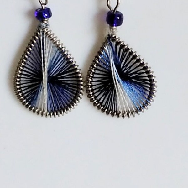 Silk Thread Earrings (tiny) in Dark Blue and White