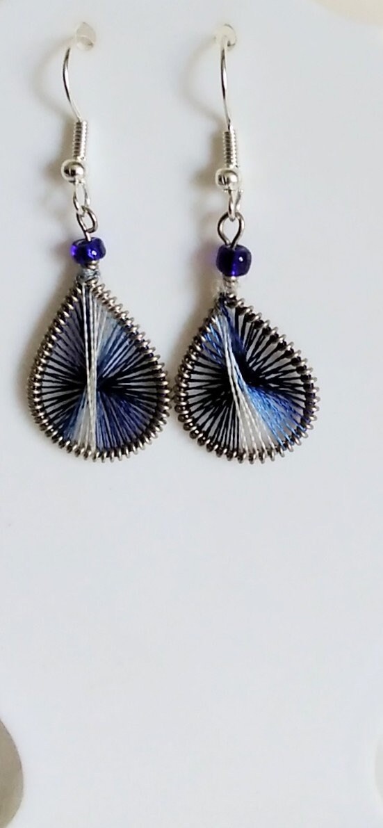 Silk Thread Earrings (tiny) in Dark Blue and White