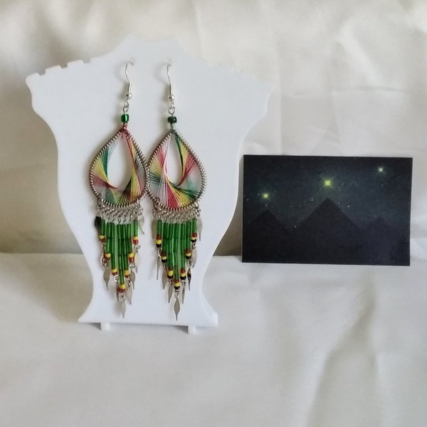 Silk Thread Earrings in White, Red, Yellow and Green with long Green Beads and White Metal Decorations