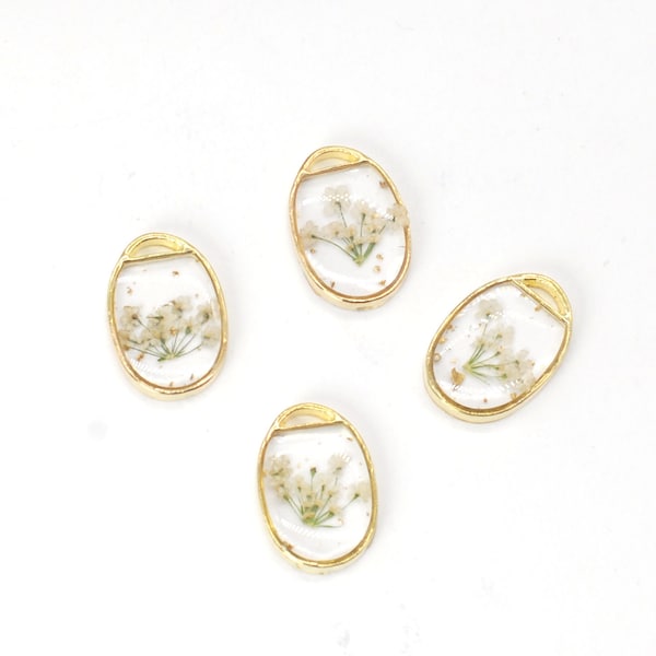 6PCS Gold Tone Queen Anne's Lace Flower Resin Oval Charm Pendant, White Flower with Gold foil Charm GYX1402