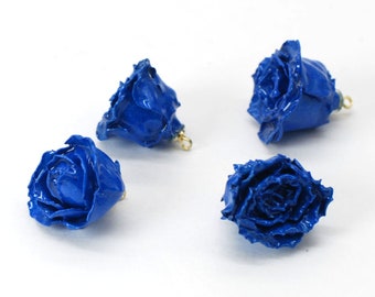 2PCS real Blue Rose Flower Bud with Resin Charm Pendant with Gold Tone loop, Rose Bud without Leaves GNJ07
