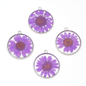 4PCS Silver Tone Real Dried Daisy Flower Resin Round 30mm Charm , Purple Flower GBY1031