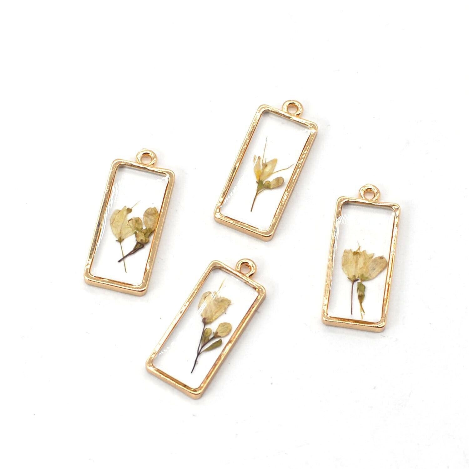 4PCS Gold Tone Real Dried Flower Resin Rectangle Charm Supply GBY303