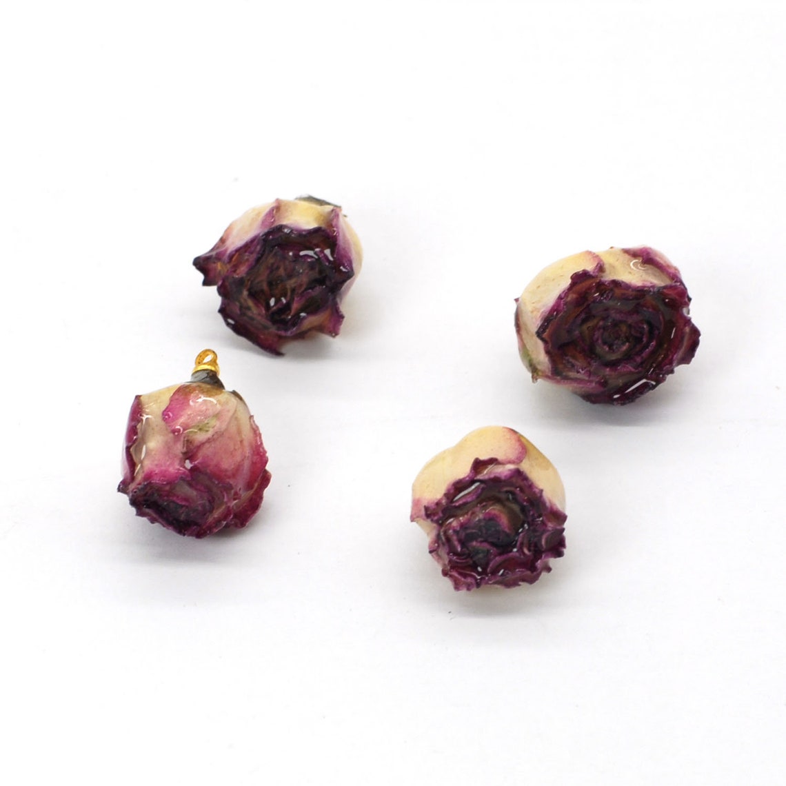 2PCS Real Dried Purple Rose Flower Bud Head Resin Pendant, With Gold ...