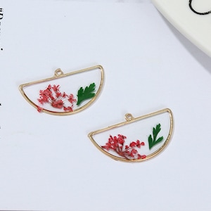 May include: Two gold-toned metal half-circle frames with clear resin and pressed red and green dried flowers.