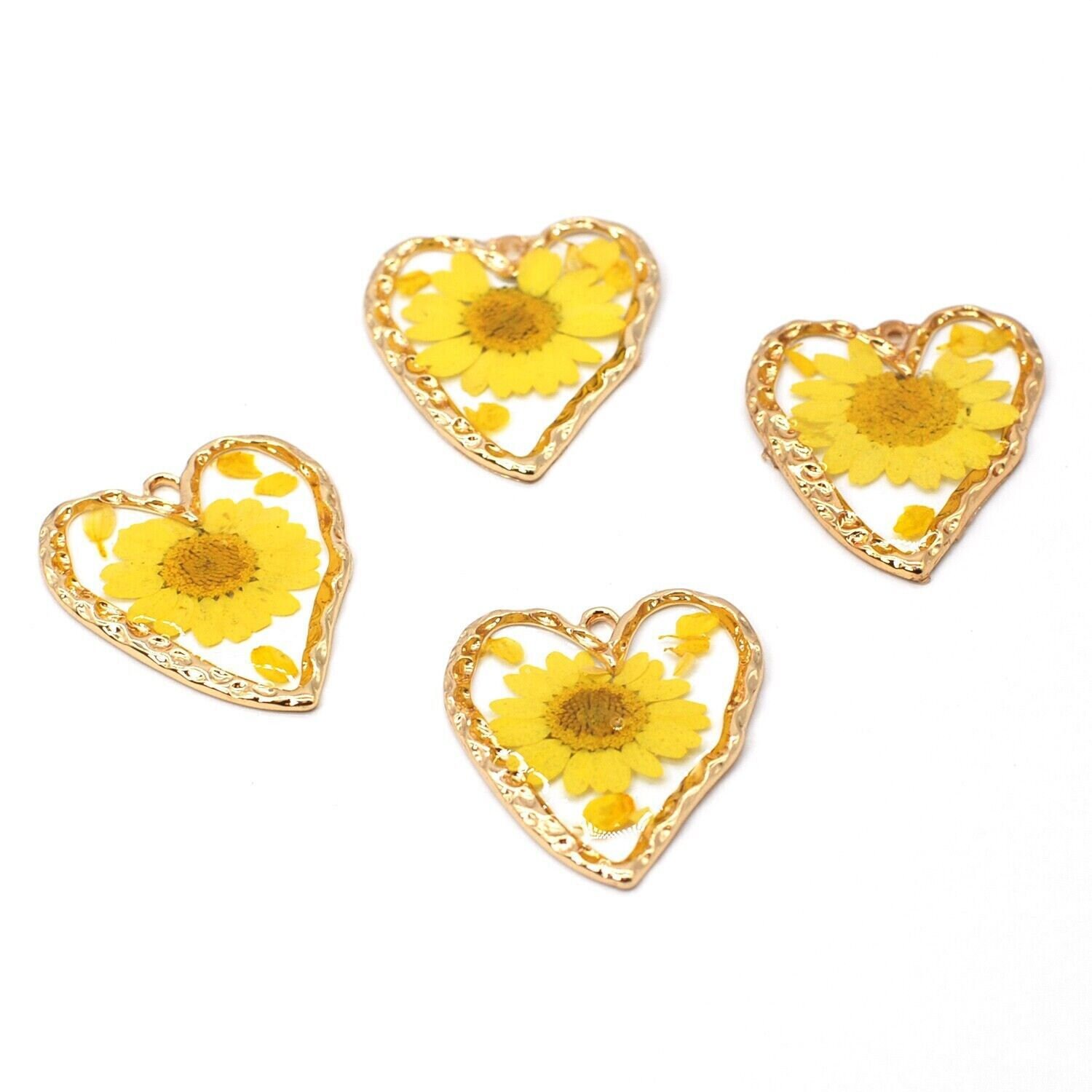 4PCS Gold Tone Real Dried Flower Resin Irregular Heart Charm