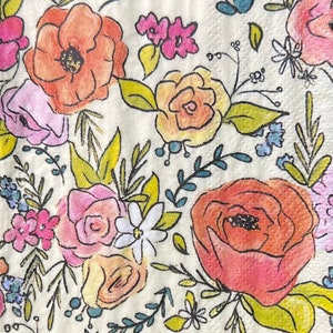 Decoupage Napkins - Set of 3 - Fun Floral, Watercolor, Whimsical Flowers, Colorful for Paper Crafts, Collage, Junk Journal