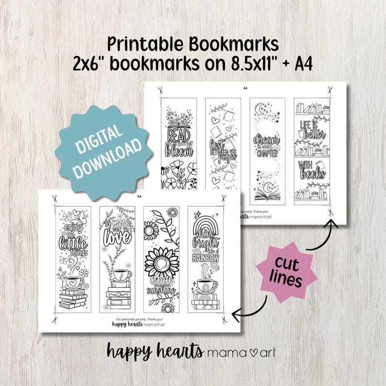 Coloring Bookmarks: Set of 8 Printable Designs for Book Lovers, Color ...