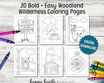 Woodland Wilderness Coloring Pages, Cute, Bold and Easy Coloring Pages, Set of 20 Coloring Pages, DIGITAL DOWNLOAD