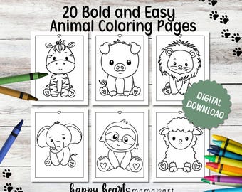Cute Animal Coloring Pages, Big, Bold and Easy Coloring Pages, Set of 20 Coloring Pages, Baby Animal Coloring Pages, DIGITAL DOWNLOAD