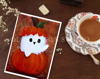Impresión artística giclée de un fantasma otoñal: adorable ilustración kawaii de un fantasma de Halloween en papel de archivo, acogedora decoración de pared otoñal.