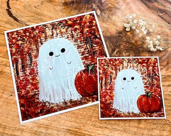 Impresión artística giclée de un fantasma y una calabaza: adorable ilustración kawaii de un fantasma de Halloween en papel de archivo, acogedora decoración de pared otoñal.