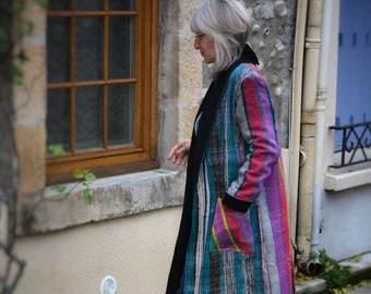 Reversible coat made of Berber cover "haik" and black ribbed velvet / mixed winter coat S- M / original creation / unique piece