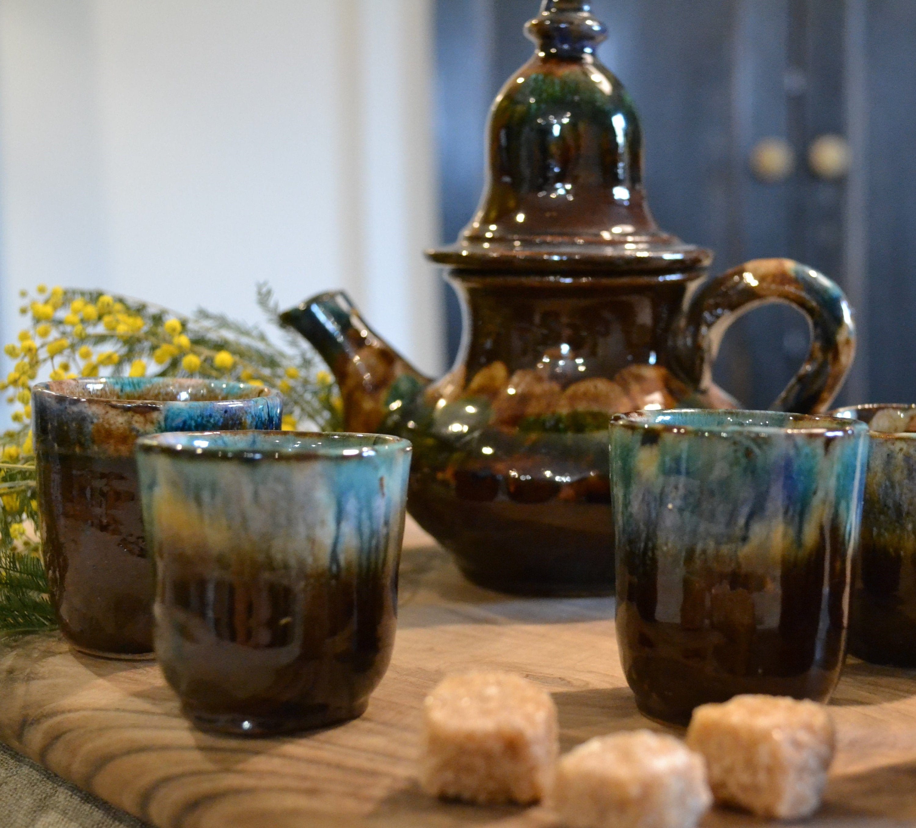 Charmant Service à Café Vintage en Céramique Des Années 70/ Cafetiere+6 Tasses/ Boheme et Rustique/