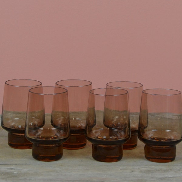 Set of 6 smoked glasses of pinkish brown color / vintage glasses XXth century / height 9 cm-width 6 cm / kinfolk style / boho and Scandinavian