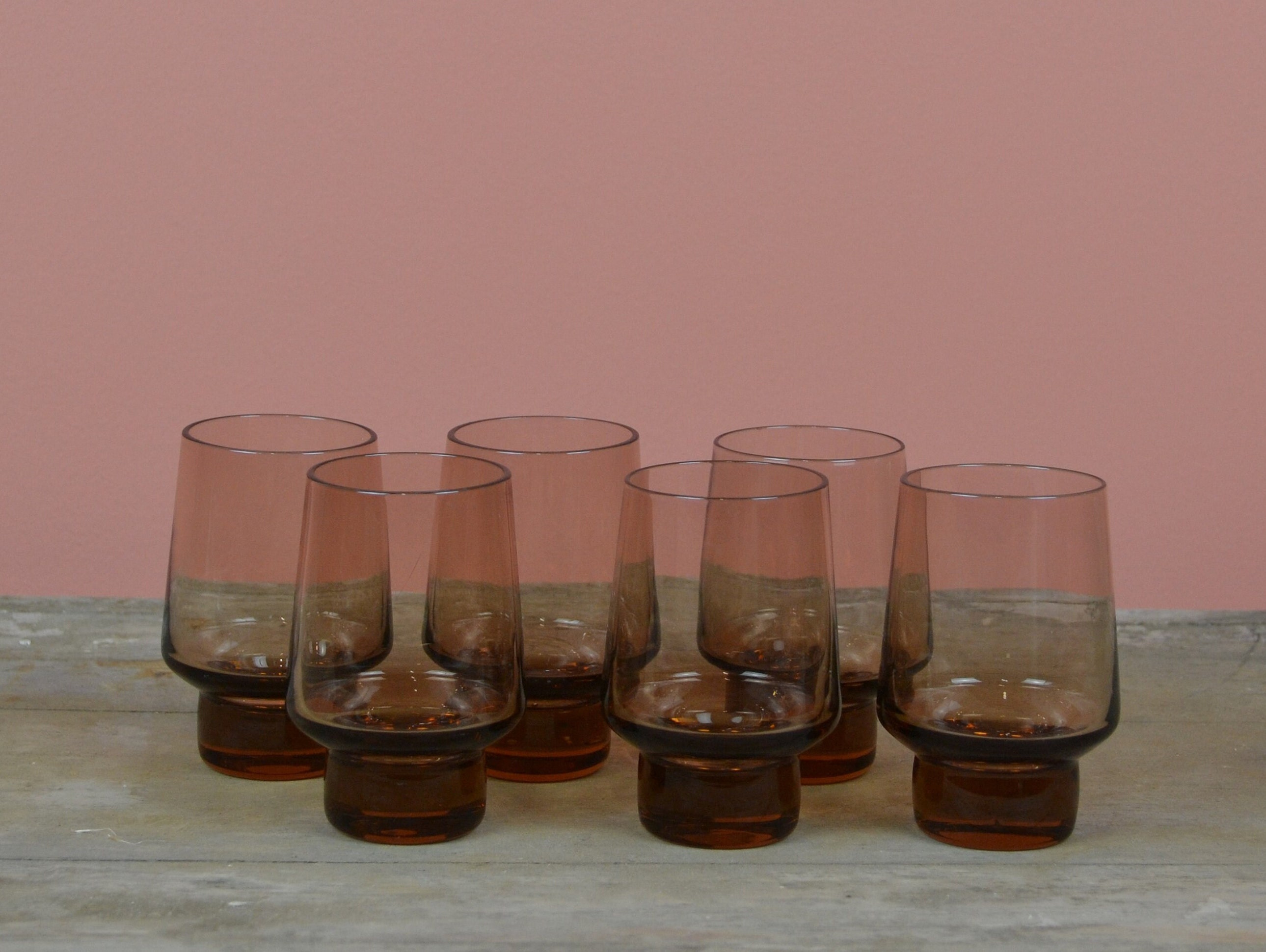 Lot de 6 Verres Fumés Couleur Brun Rosé/ Vintage Xxeme Siècle/ Hauteur 9 cm-Largeur cm/ Style Kinfol