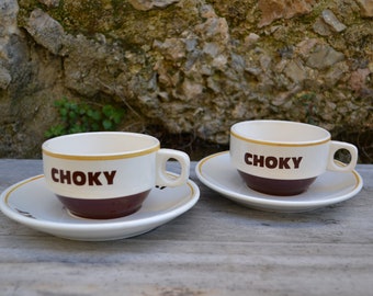 Duo de tasses à chocolat chaud CHOKY des années 1960/ tasses publicitaires vintage CHOKY/ vaisselle de bar/ parfait état/ produit rare