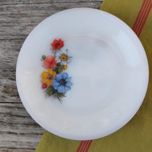 Könnte beinhalten: Ein weißer Keramikteller mit einem Blumendesign. Die Blumen sind in Rot-, Orange-, Gelb-, Blau- und Weißtönen gehalten. Der Teller ist rund und hat einen leicht erhöhten Rand. Der Teller steht auf einer Holzoberfläche.