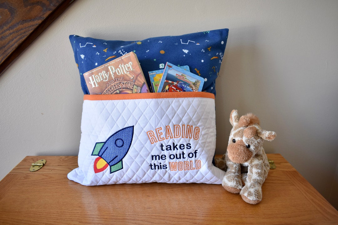 Reading Pocket Pillow cover, Reading Take Me Out of This World, Rocket, Boy Blue Space Gift