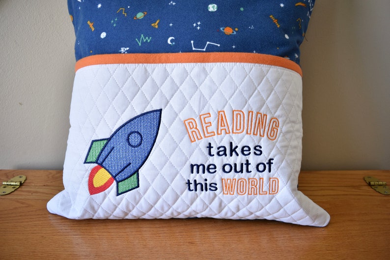 Reading Pocket Pillow cover, Reading Take Me Out of This World, Rocket