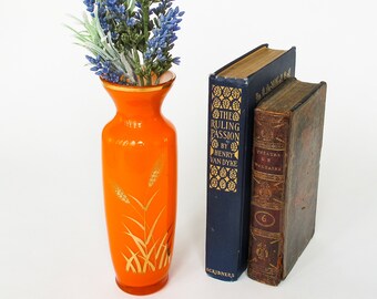 Orange Art Glass Bud Vase, Wheat Stalk Motif - Mid-Century Japan