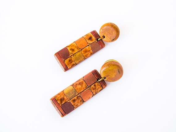 Geometric Vintage Wooden Earrings Metallic Overla… - image 3