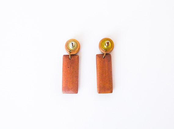 Geometric Vintage Wooden Earrings Metallic Overla… - image 4