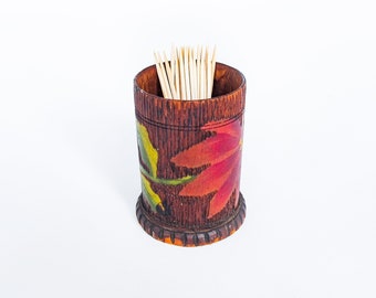 Hand Carved Wooden Toothpick Holder: Vintage Floral Folk Art