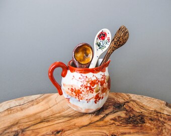 Asian Floral Porcelain Creamer Hand Painted in Red & Gold Vintage Small Ceramic Jar
