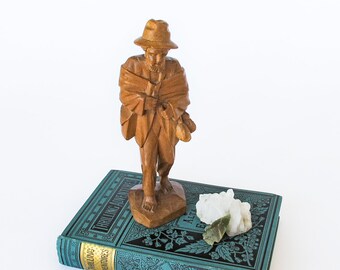 Carved Wooden Traveler Man Barefoot Bearded Pilgrim Folk Art Figure Handmade in Ecuador