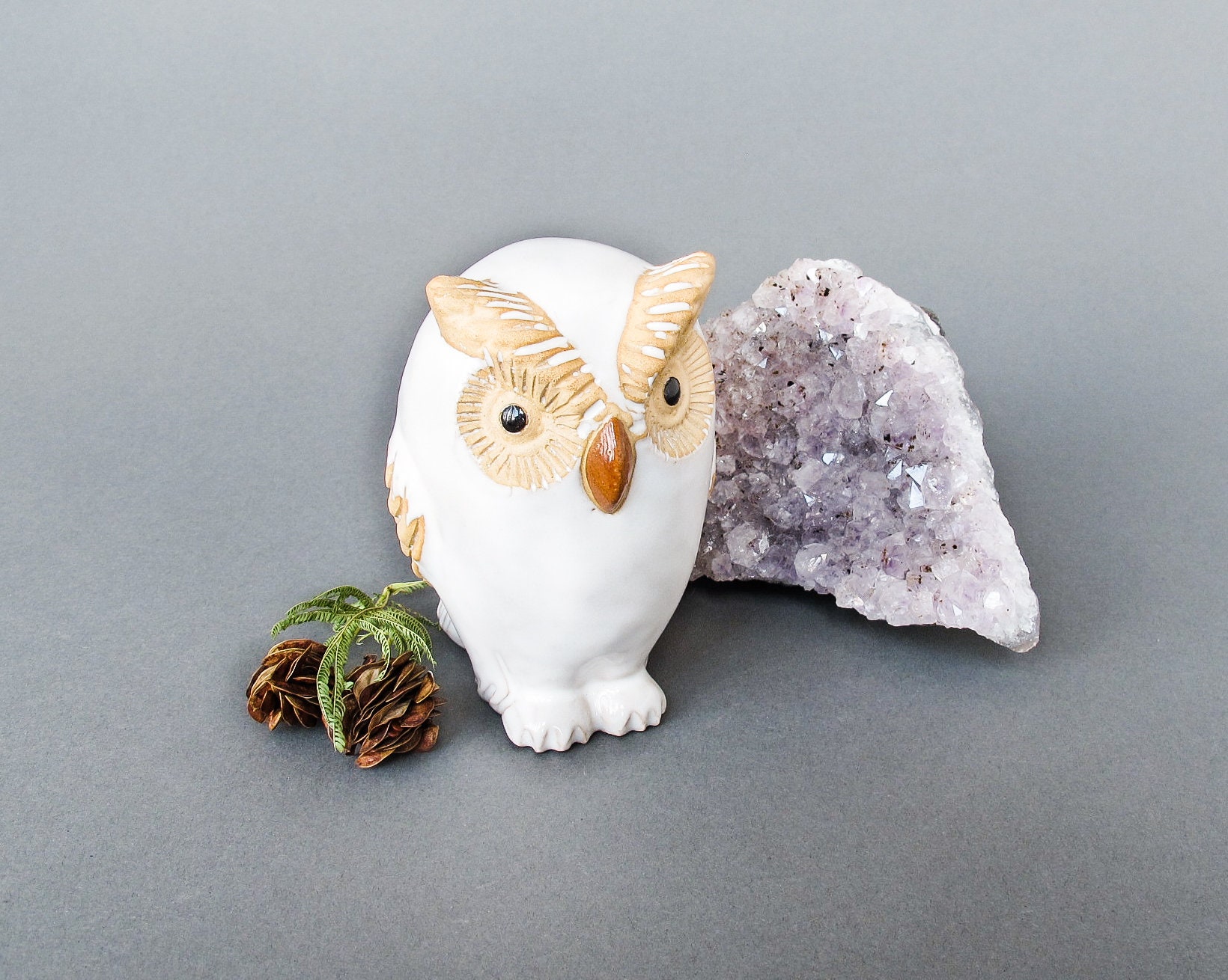 MCM White Ceramic Owl Figurine Vintage Hand Sculpted Carved Clay Figure