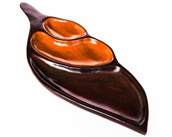 Wooden Serving Tray Leaf Shaped with 3 Sections Vintage Hand Made MCM Snack Tray