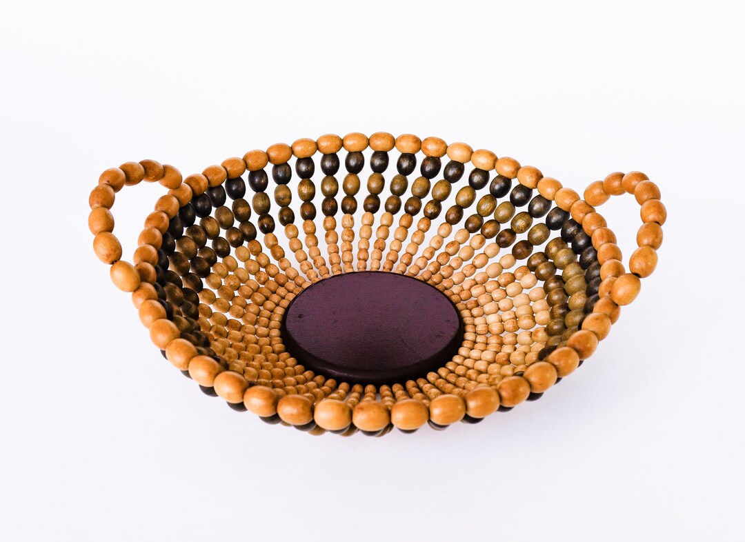 Wooden Beaded Basket Mid Century Fruit Bowl With Handles Etsy