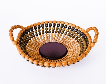 Wooden Beaded Basket Mid Century Fruit Bowl with Handles