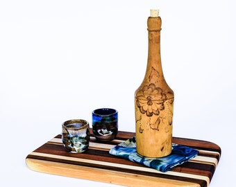 Unique Wooden Bottle with Woodburning Flower Design Vintage Pyrography Outsider Folk Art